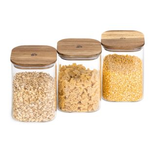   Set 3 Borcane de depozitare cu capac din lemn de salcam Navaris, 1000 ml, 54692.01.03